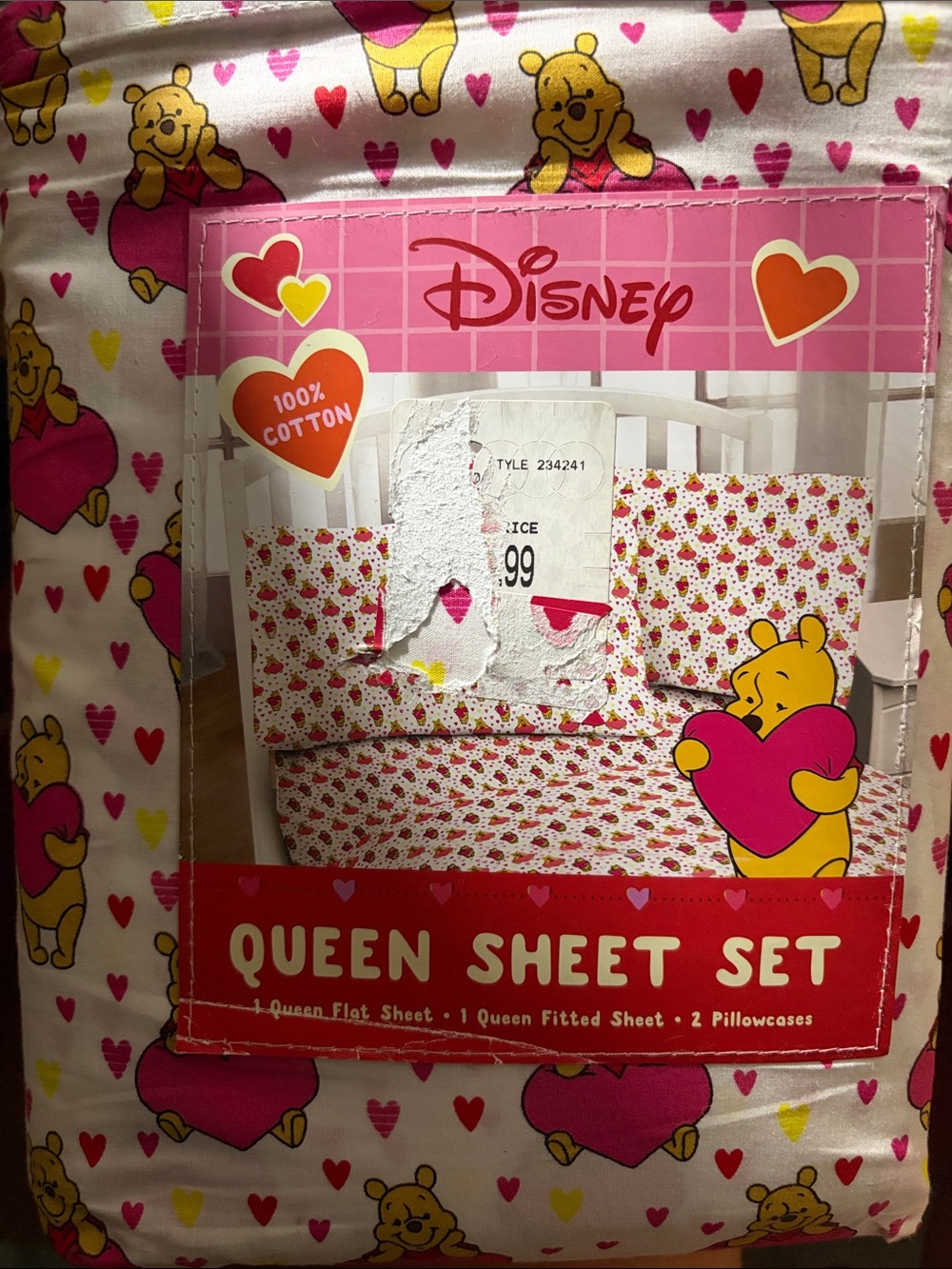 Disney Winnie the Pooh Pink and Yellow Heart Queen Sheet Set